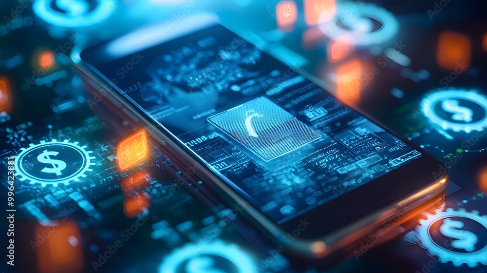 Poster digital wallet displayed on smartphone screen with currency symbols for mobile banking convenience