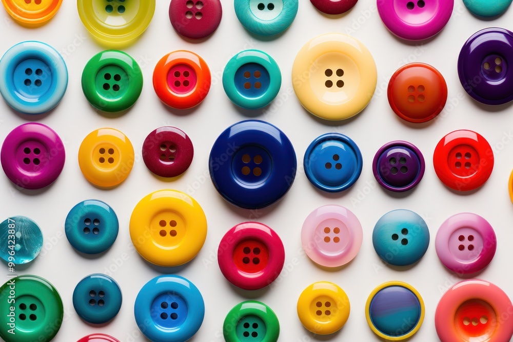 Poster a collection of colorful buttons in various shapes and sizes, featuring a spectrum of yellow, red, p