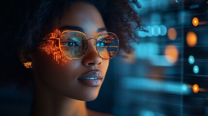 AI cyber security threat illustration, black african american female IT specialist analyzing data information technology, augmented reality artificial intelligence collage, side profile, copy space