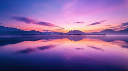Obraz premium A serene lake at twilight, the sky painted in shades of purple and pink as the sun sets behind distant mountains.