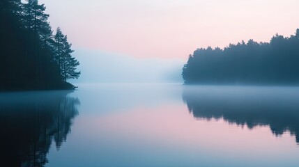 Fototapeta premium A serene lakeside view with fog hovering above the water, reflecting the soft colors of dawn and creating a peaceful atmosphere.