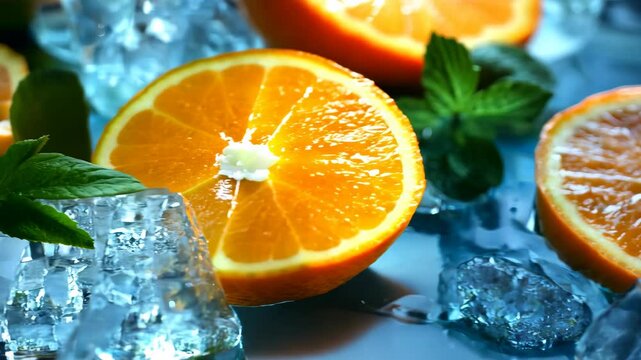 A fresh orange slices and mint leaves floating in water on a blue background.