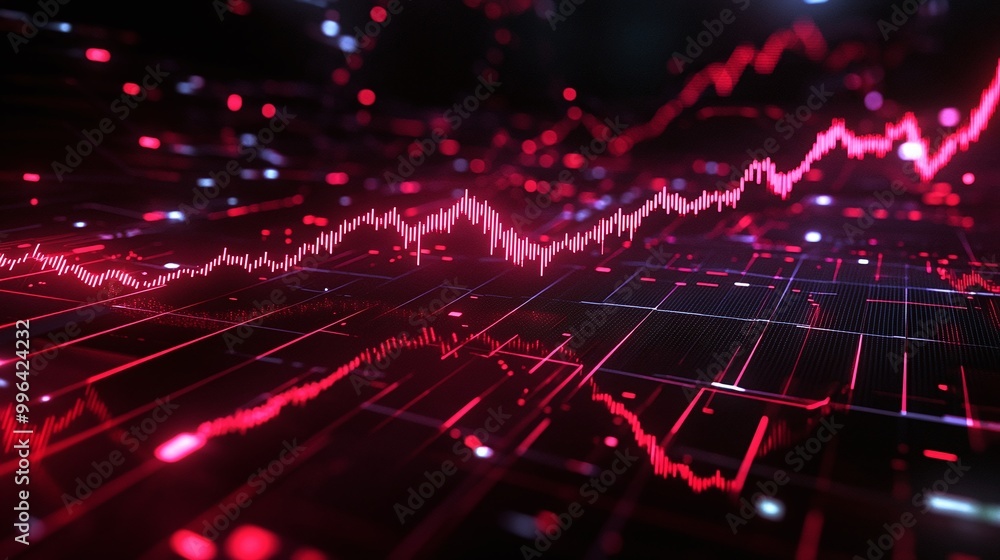 Poster dynamic stock market data visualization with fluctuating graphs and red elements, illustrating finan
