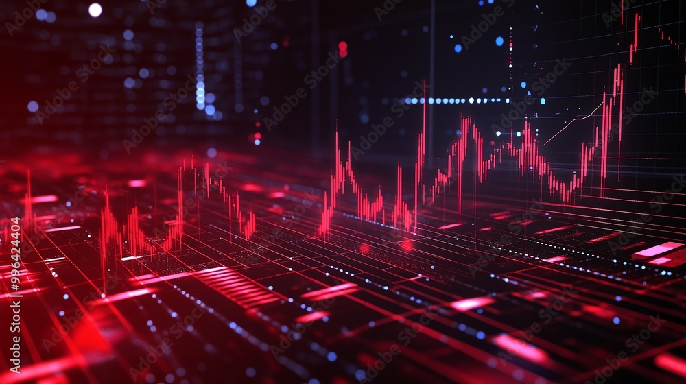 Poster dynamic stock market data visualization with red graph lines and digital elements on a dark backgrou