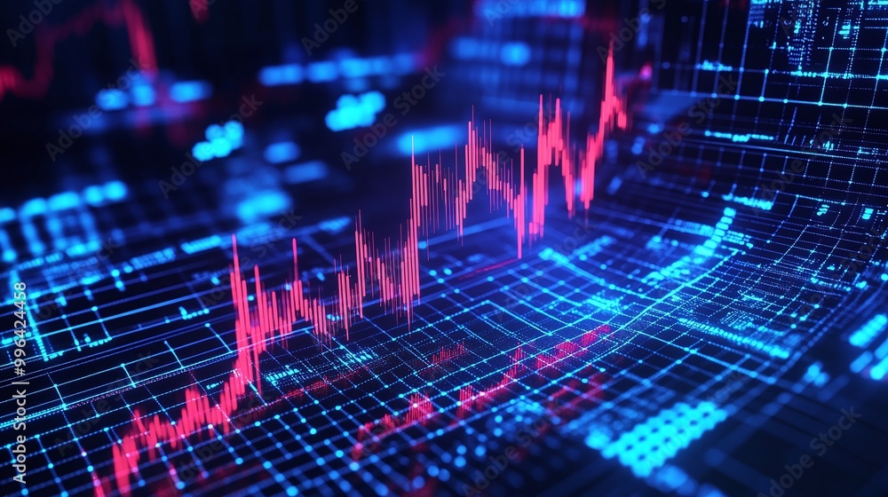 Poster dynamic stock market data visualization with vibrant trends and patterns on a digital display.
