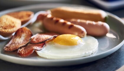 A closeup of eggs, bacon, ham, sausage and toasts. Generated image