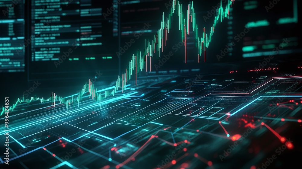 Poster dynamic stock market graph with fluctuating trends and digital data visuals.