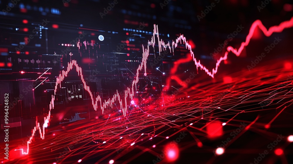 Poster dynamic stock market graph with red lines and data points, illustrating fluctuations in investment t
