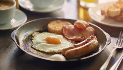 A closeup of eggs, bacon, ham, sausage and toasts. Generated image