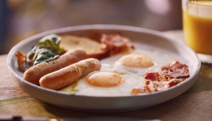 English breakfast on a plate with fried eggs, sausages, bacon, beans, toasts and coffee. Generated image