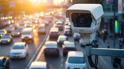 Surveillance camera monitoring traffic during sunset in a busy city, highlighting urban congestion and safety measures