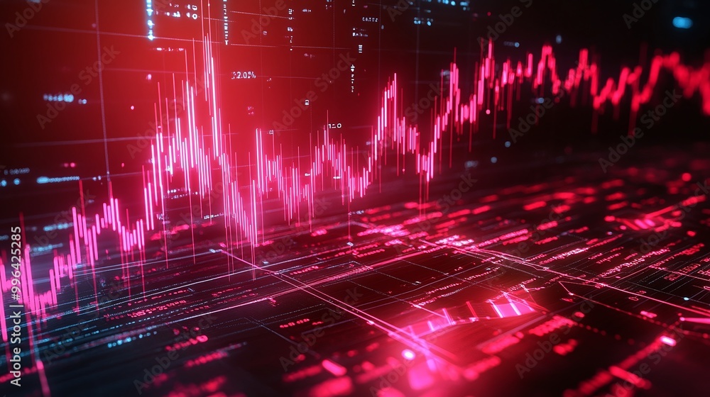 Poster dynamic stock market graph with vibrant red lines on a dark digital backdrop, symbolizing financial 