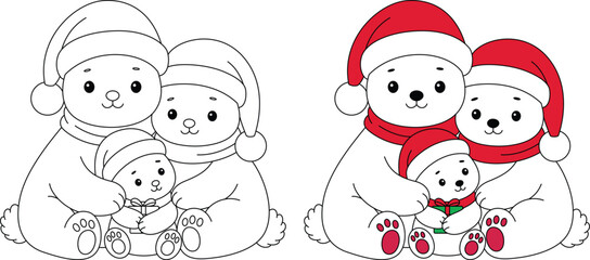 Polar bear family wearing Christmas hat cartoon coloring page. Christmas and Winter Illustration