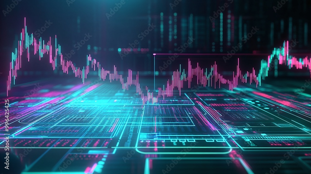 Poster financial data visualization with vibrant digital graphs and charts on a tech interface, showcasing 