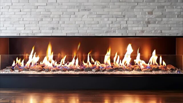 A modern gas fireplace with a long, sleek design, featuring a bed of rocks and vibrant flames above a glass barrier.