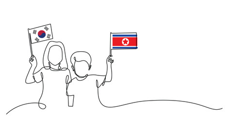 continuous line of boys and girls carrying the flags of south korea and north korea.bilateral relations of north korea and south korea.single line vector.one line drawing vector illustration