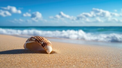 Obraz premium A single seashell resting on golden sand, with gentle waves in the background under a bright blue sky.