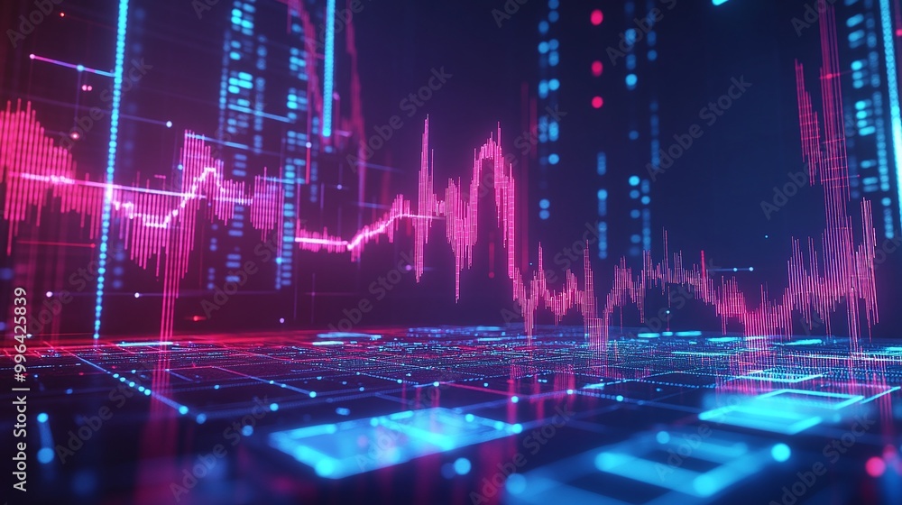 Poster futuristic audio visualizer displaying colorful graphs and waveforms on a digital interface.