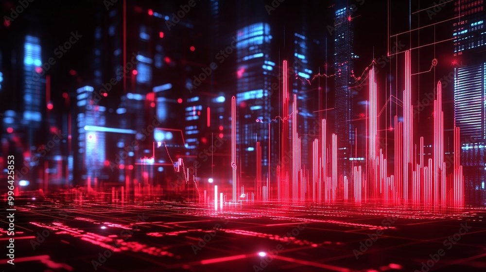 Poster futuristic cityscape with glowing red data visualization, showcasing a network of digital connectivi