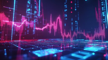 Futuristic audio visualizer displaying colorful graphs and waveforms on a digital interface.