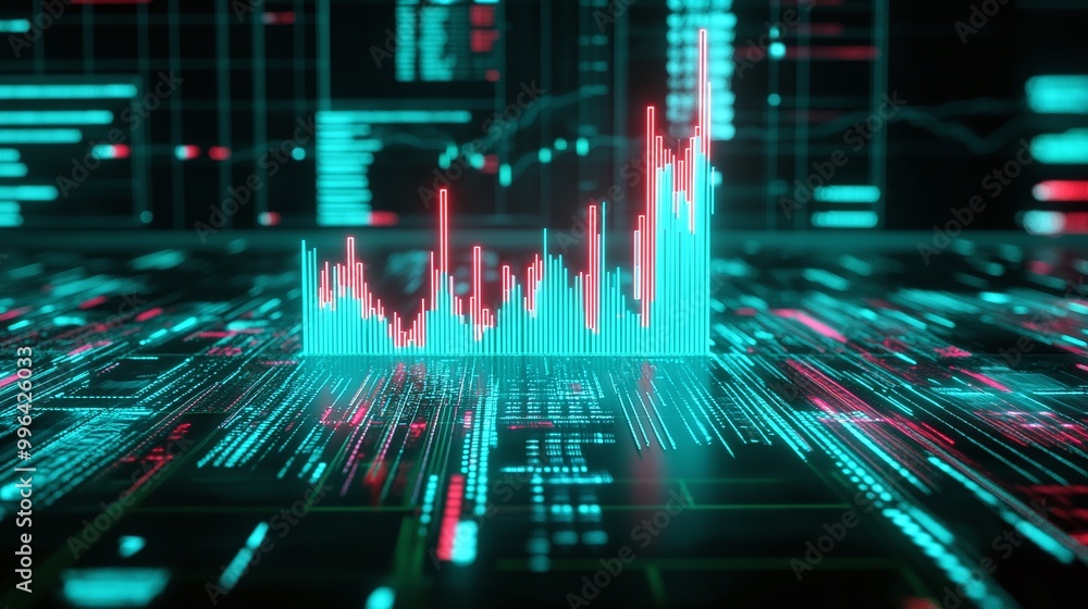 Poster futuristic data visualization, showcasing a dynamic graph with bright neon colors against a digital 