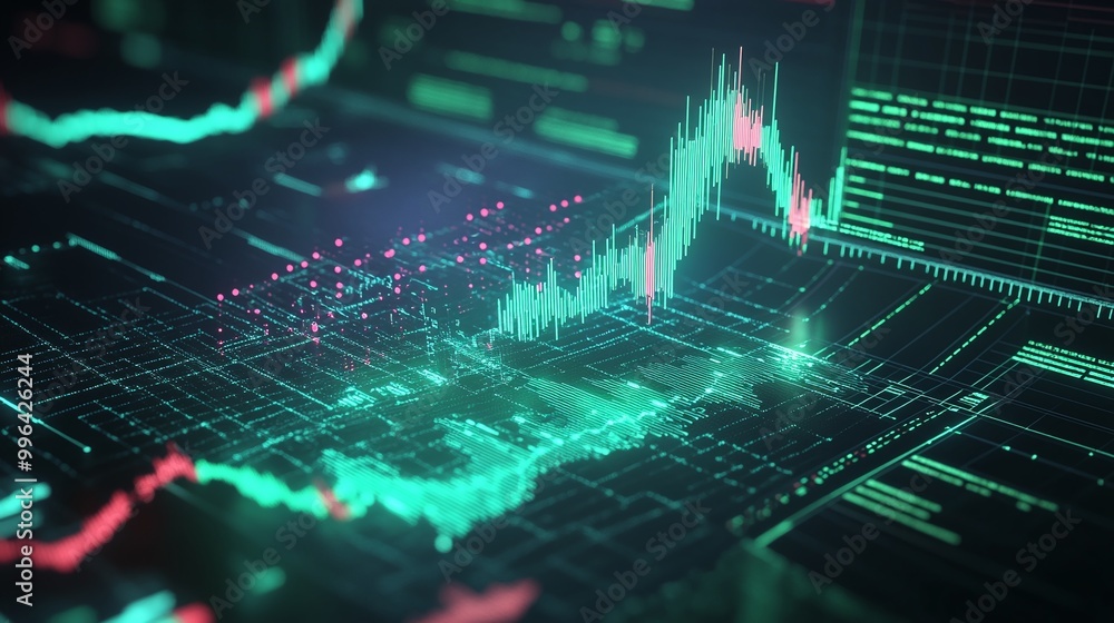 Poster futuristic data visualization featuring dynamic financial graphs and charts in vibrant colors agains