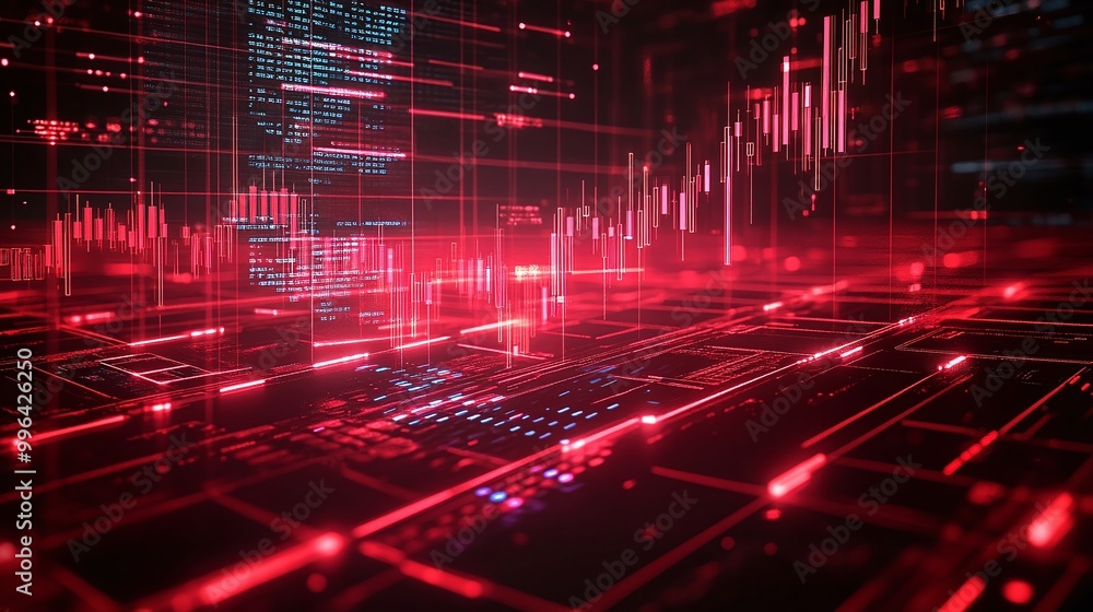 Poster futuristic data visualization in red, showcasing digital graphs and lines on a dark background.