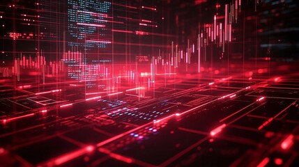 Fototapeta premium Futuristic data visualization in red, showcasing digital graphs and lines on a dark background.