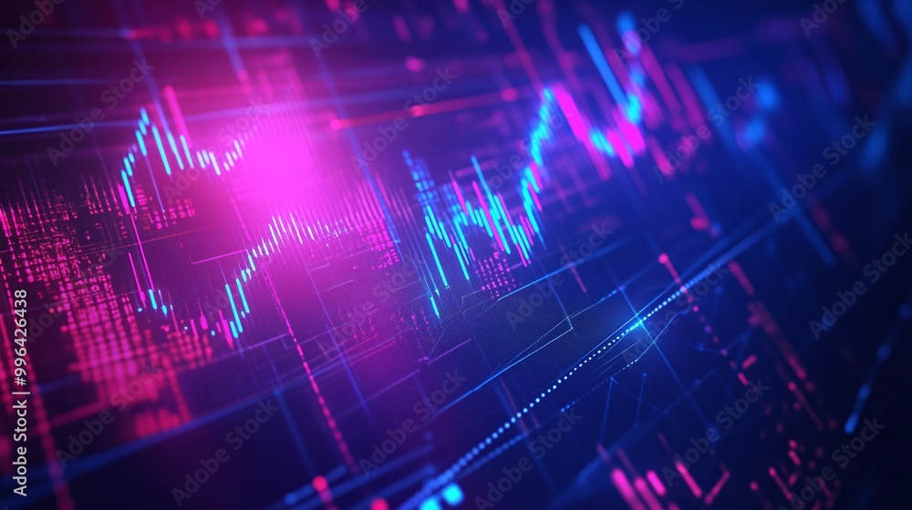 Poster futuristic data visualization with colorful graphs and digital elements on a dark background.