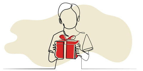 line art drawing of a boy carrying a gift box. vector one line drawing with color. birthday celebration, gift for parents.