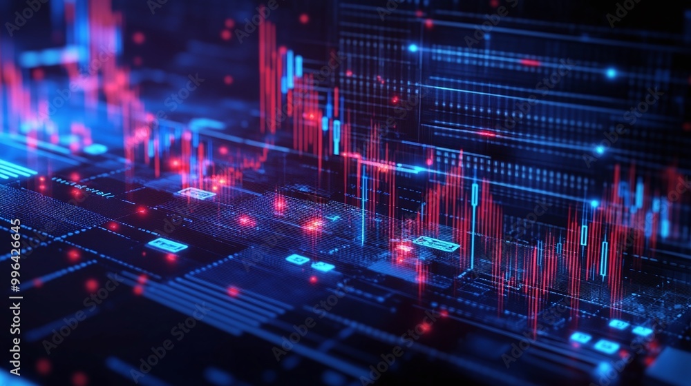 Poster futuristic data visualization with digital graphs and abstract elements in blue and red colors.