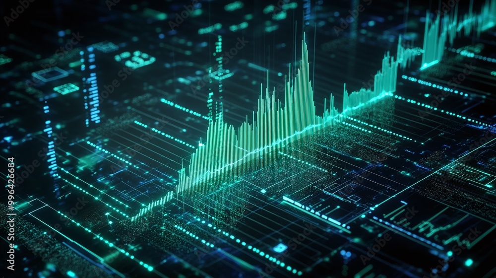 Poster futuristic data visualization with digital graphs and analytics in vibrant green colors.