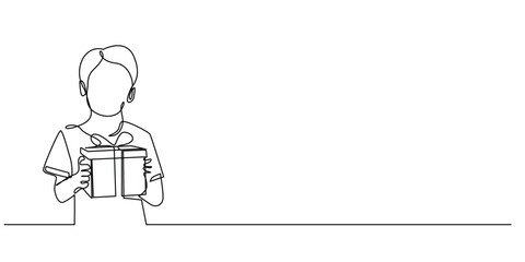 continuous line of boys carrying gift boxes.one line drawing of boys giving gifts to their parents.happy father and mother's day icon.single line vector illustration.isolated white background