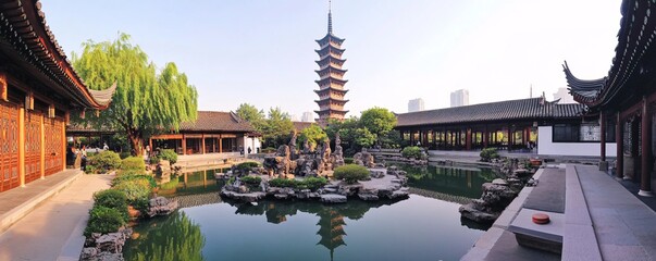 Obraz premium The architectural marvel of the Longhua Temple, with its towering pagoda and tranquil gardens offering a glimpse into Shanghai's Buddhist heritage
