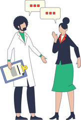 A nutritionist in a lab coat consults with a client, holding a clipboard. Speech bubbles indicate a discussion.