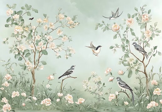 Chinoiserie wall mural, with birds and flowers