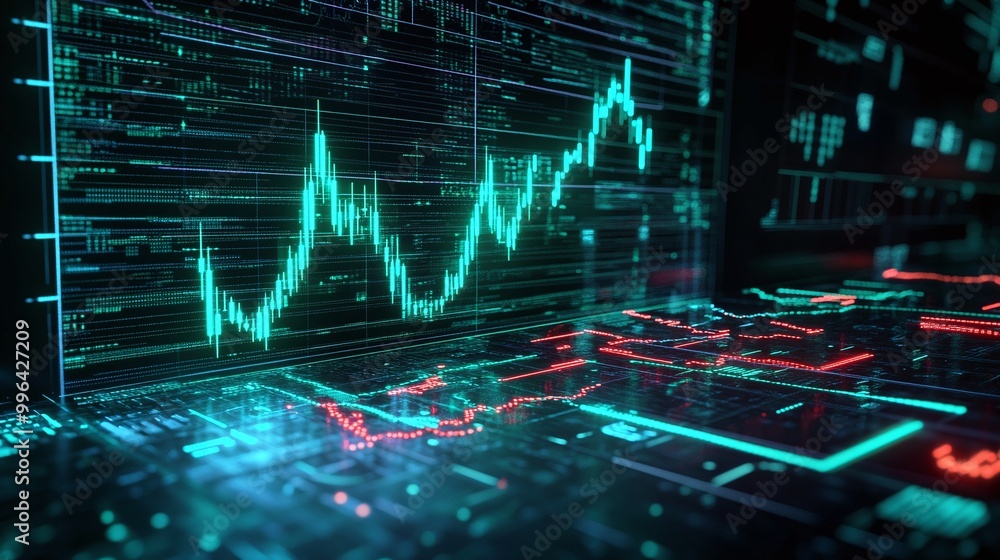 Poster futuristic data visualization with glowing charts and graphs on a digital interface.