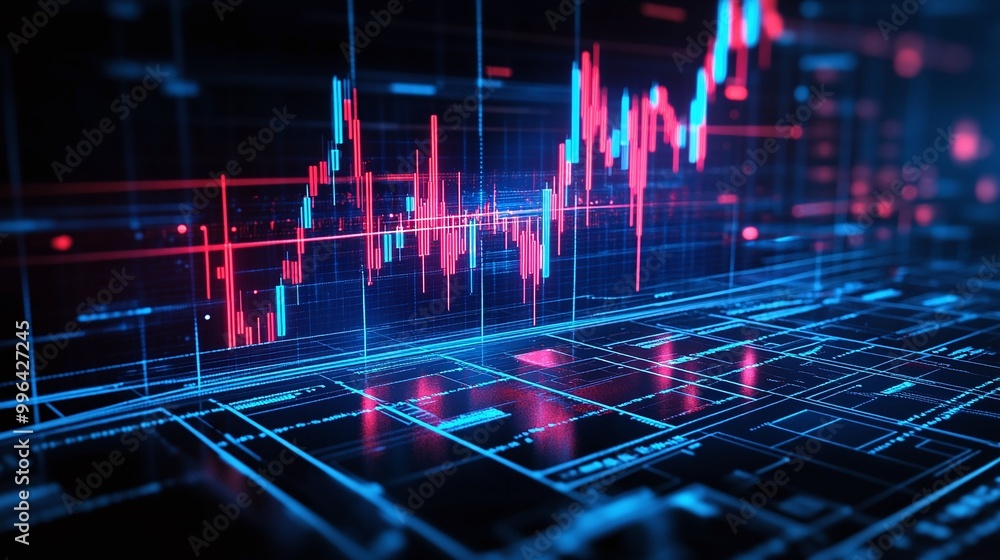 Poster futuristic data visualization with glowing charts and graphs representing financial trends.