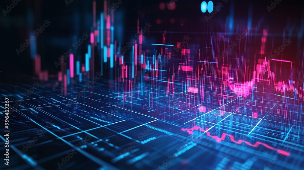 Poster futuristic data visualization with glowing graphs and charts against a dark background.