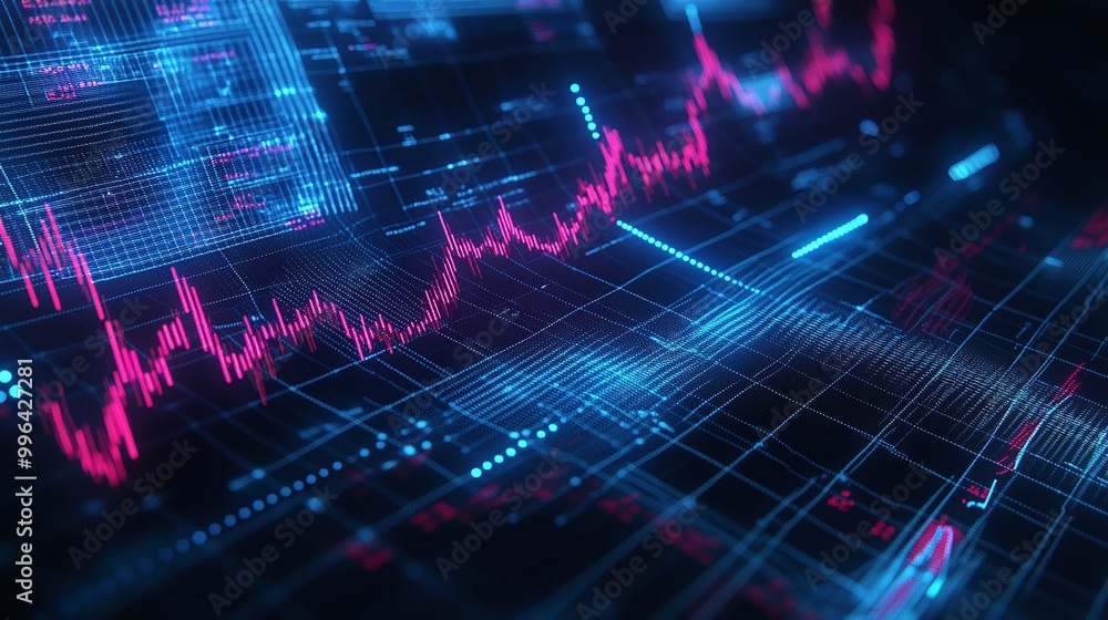 Poster futuristic data visualization with glowing graphs and charts on a dark background, showcasing dynami