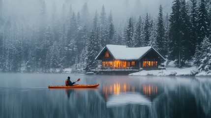 Fototapeta premium A person kayaking in lake water in winter with snow with house