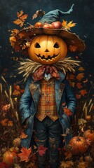 A scarecrow with a jack-o'-lantern head, adorned in a blue coat and plaid shirt, surrounded by autumn leaves and pumpkins, embodying the essence of halloween and fall.