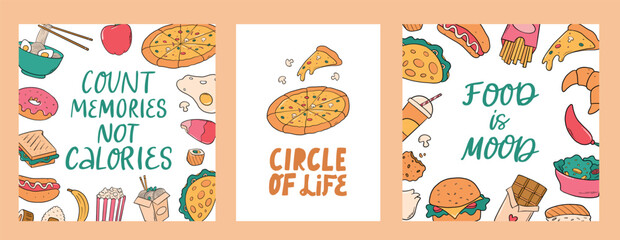 Jast food doodles and funny lettering quotes posters collection. Funny food quotes with doodles for cards, prints, invitations, etc. EPS 10
