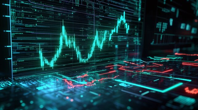 Futuristic data visualization with glowing charts and graphs on a digital interface.