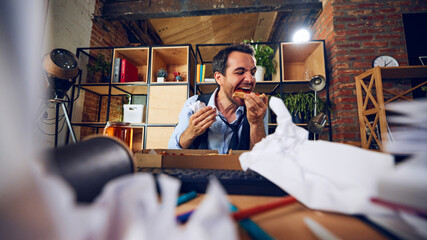 Worker eating with grin, oblivious to work chaos around him. His expression reveals lack of concern for consequences of his behavior. Concept of business, people and daily work challenges. Ad.