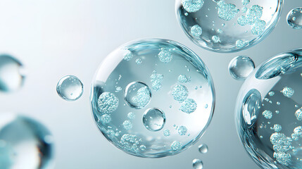 Water droplet biological molecules on glass surface, showcasing organic technology and cosmetic skincare beauty concept.