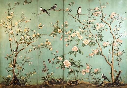 Chinoiserie wall mural, with birds and flowers
