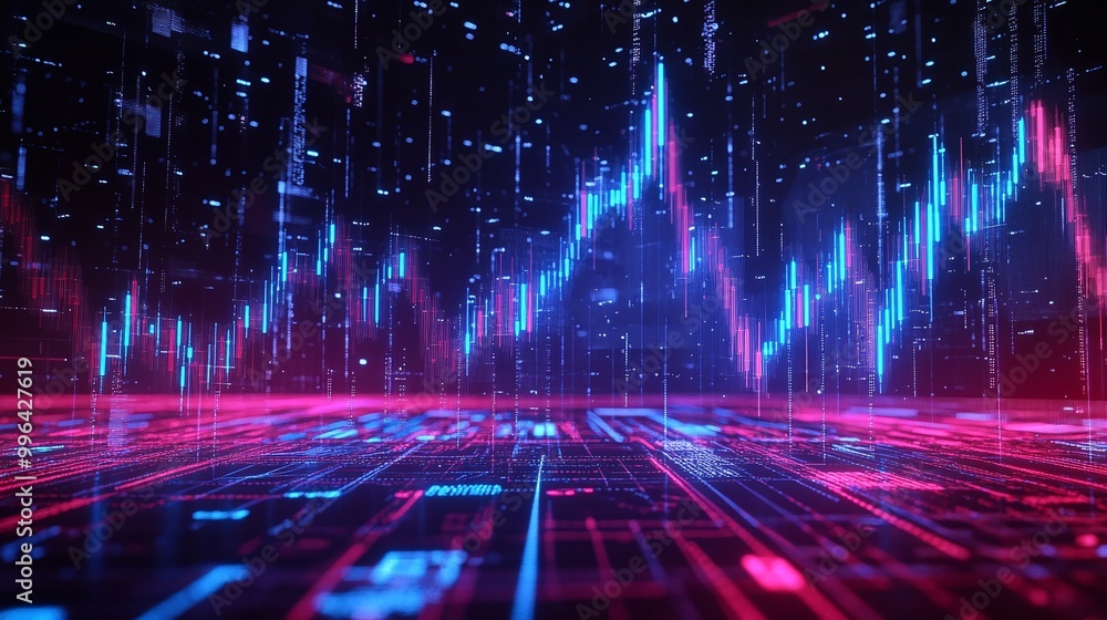 Poster futuristic data visualization with glowing graphs and digital elements, portraying technology and in