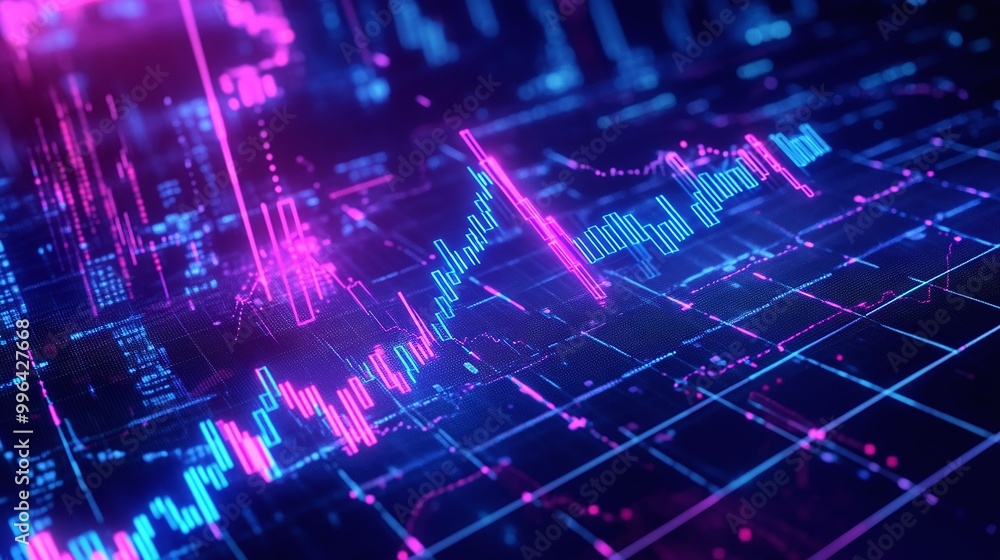 Poster futuristic data visualization with glowing graphs and indicators illustrating market trends.