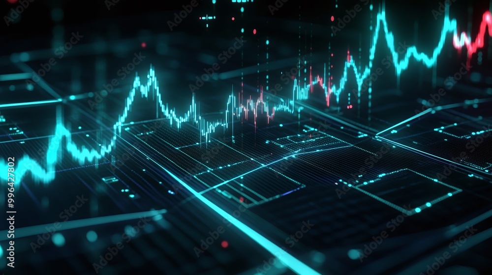 Poster futuristic data visualization with glowing graphs on a dark background, representing analytics and t